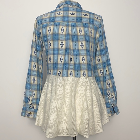 Lace Back Hi-Low Plaid Button Down Shirt - Picture 1 of 6